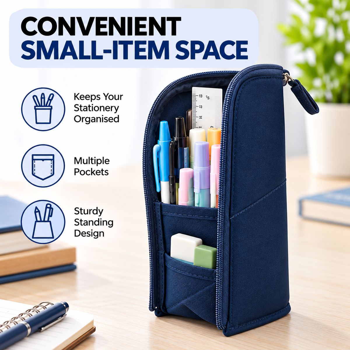 Blue Standing Zip Pencil Case 19.5 x 5 x 9cm
