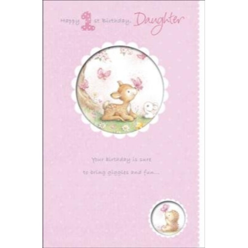 1st Daughter Birthday Card Cute Child Deer With Butterflies Design Age 1