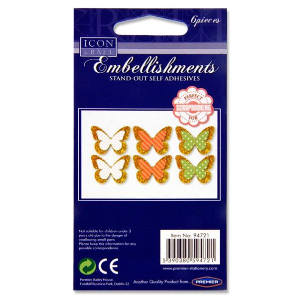 Pack of 6 Stand-Out Butterflies Embellishments by Icon Craft