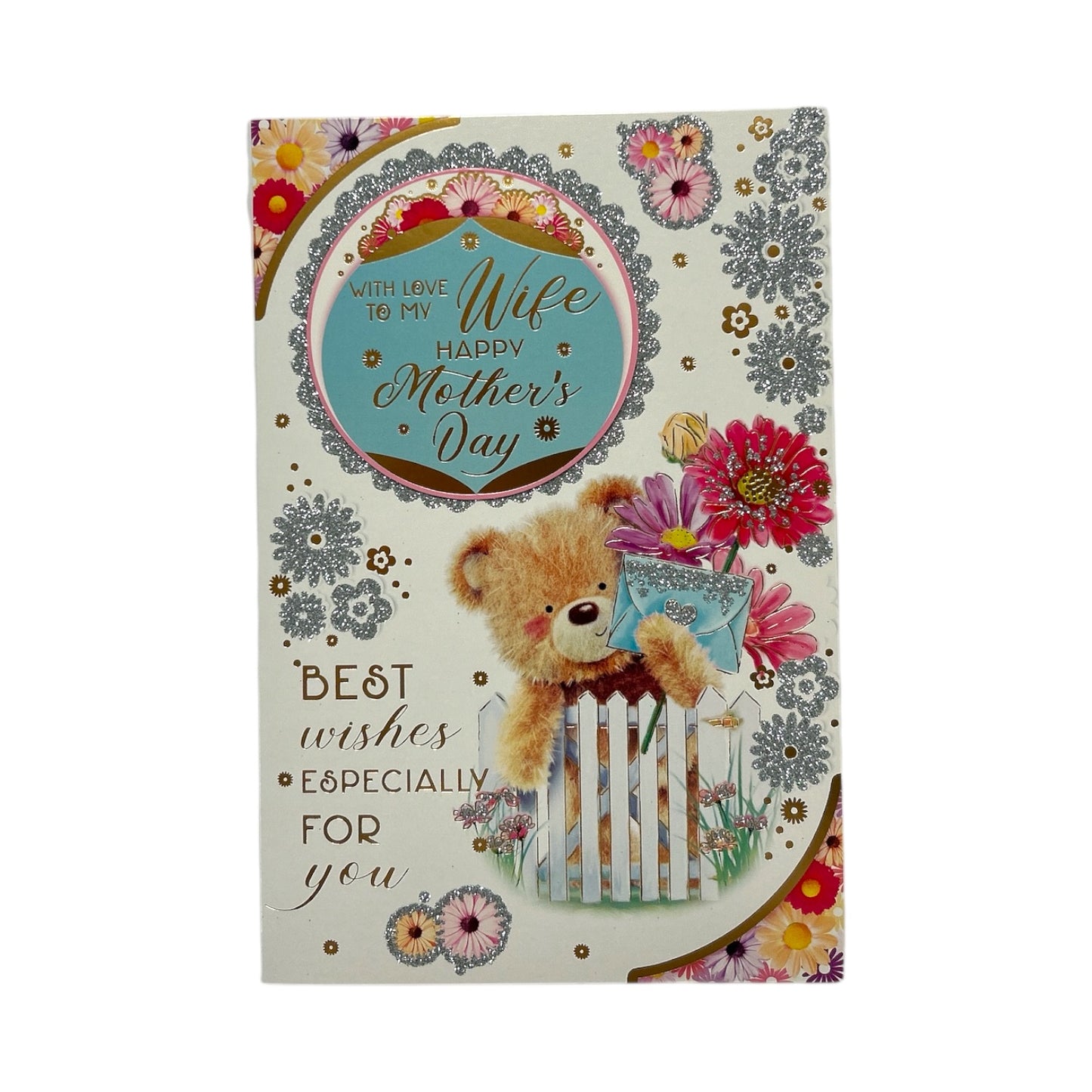 To My Wife Teddy With Envelope & Flowers Design Mother's Day Card