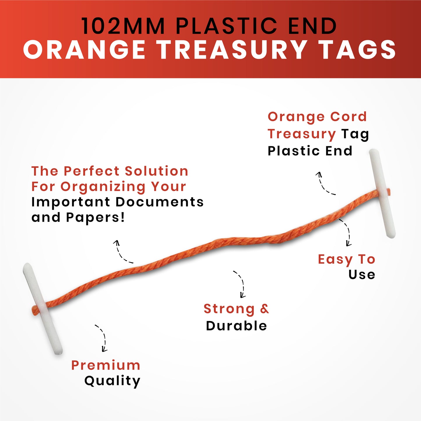 Pack of 100 101mm Plastic End Orange Treasury Tags