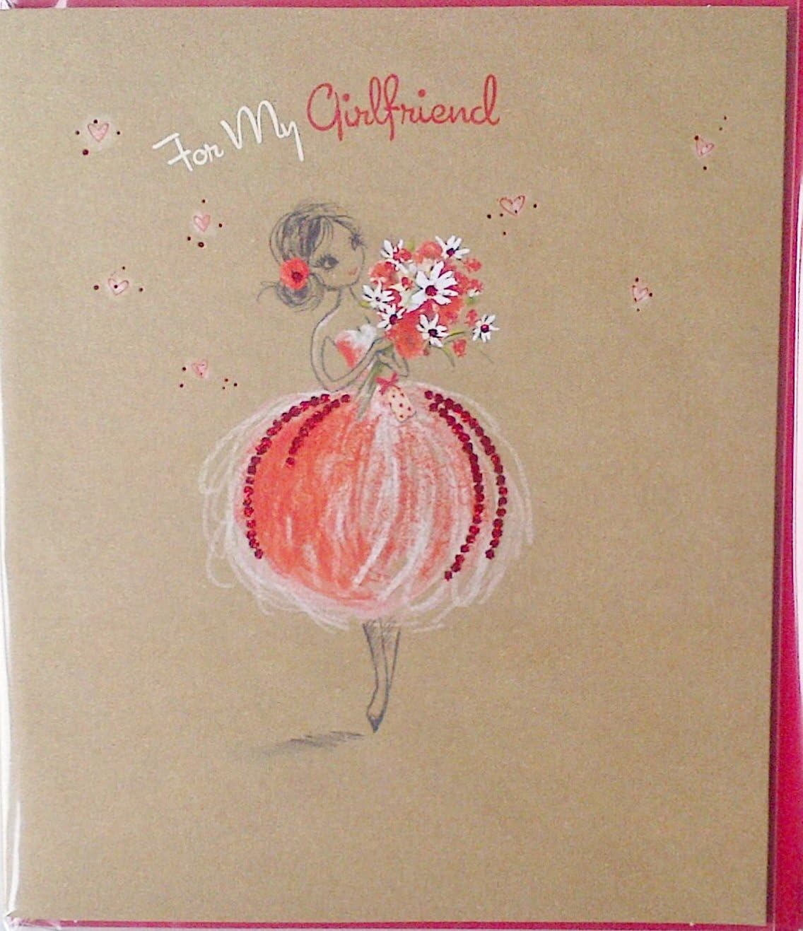 For My Girlfriend Girl with Bouquet Design Valentine's Day Card