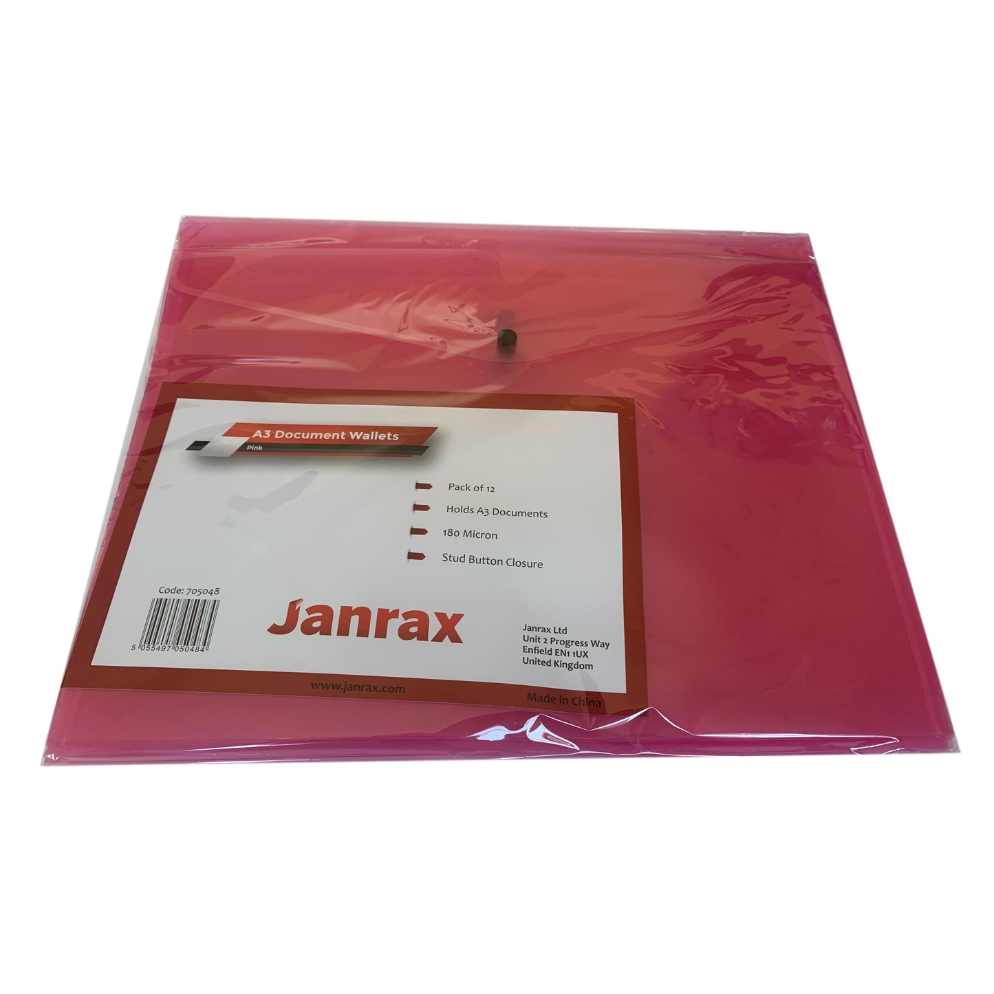 Pack of 12 Janrax A3 Pink Document Wallets - Button Stud Folder