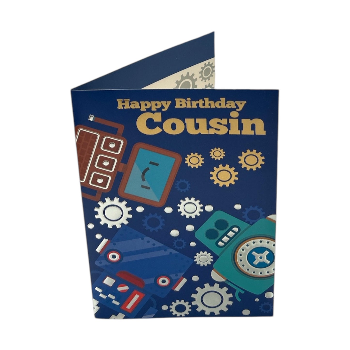 Cousin Male Juvenile Blue Robots Design Birthday Card