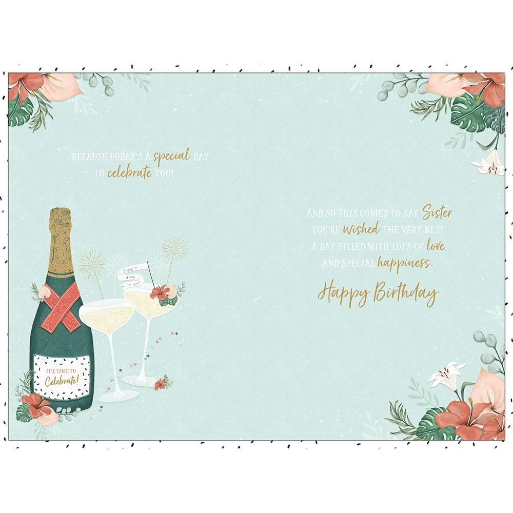 Champagne and Floral Design Sister Birthday Card