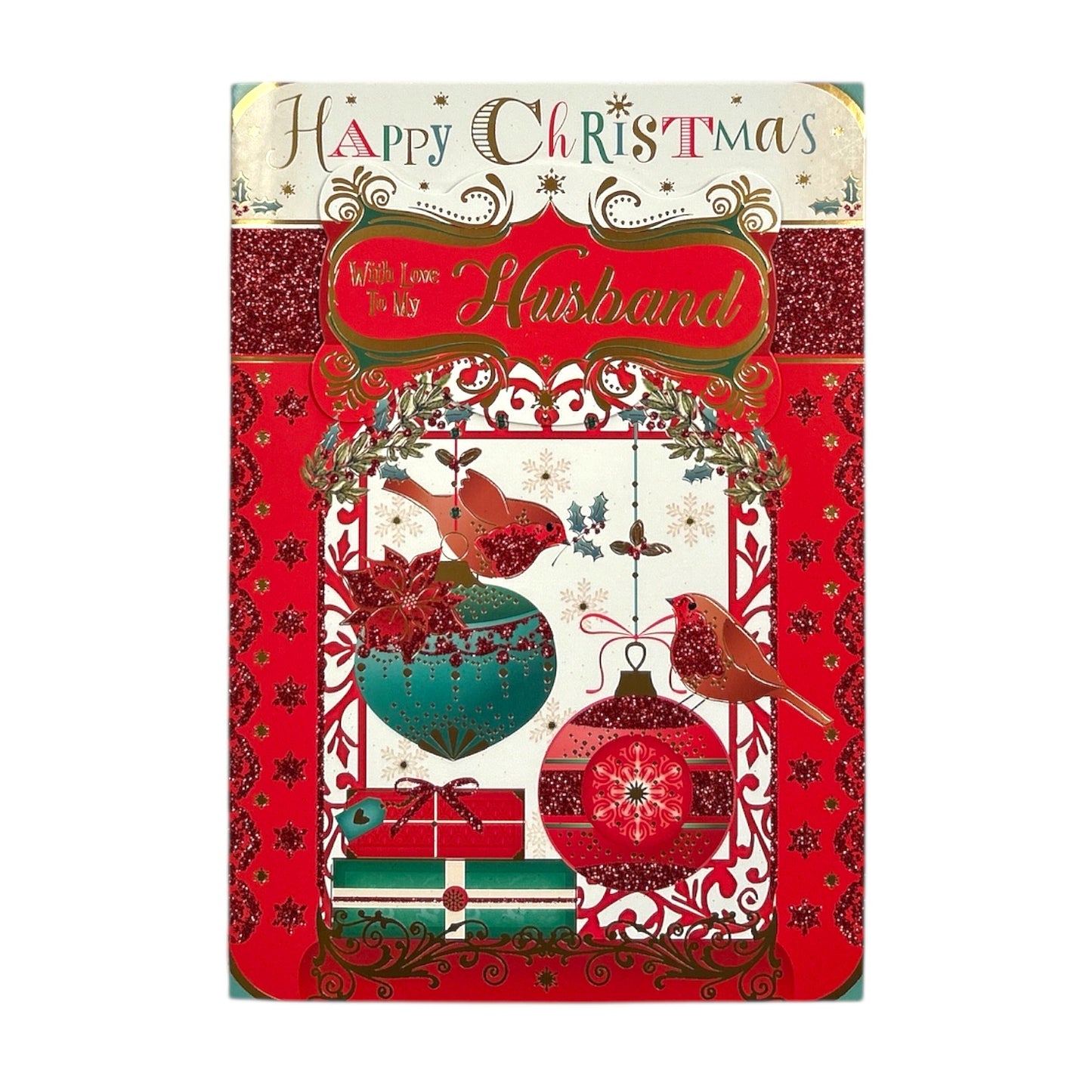 With Love To My Husband Birds On Baubles Design Christmas Card