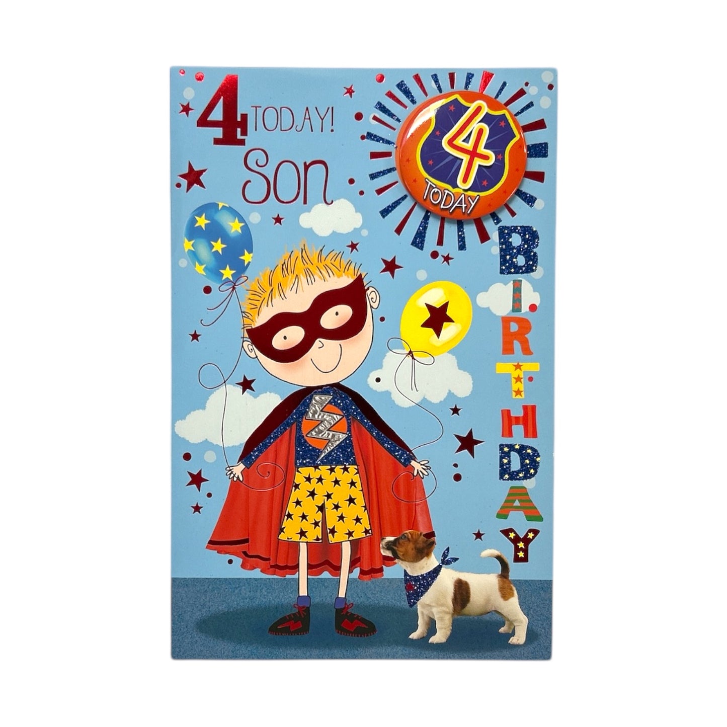 For Son Age 4 Superhero Theme Juvenile Birthday Card With Badge
