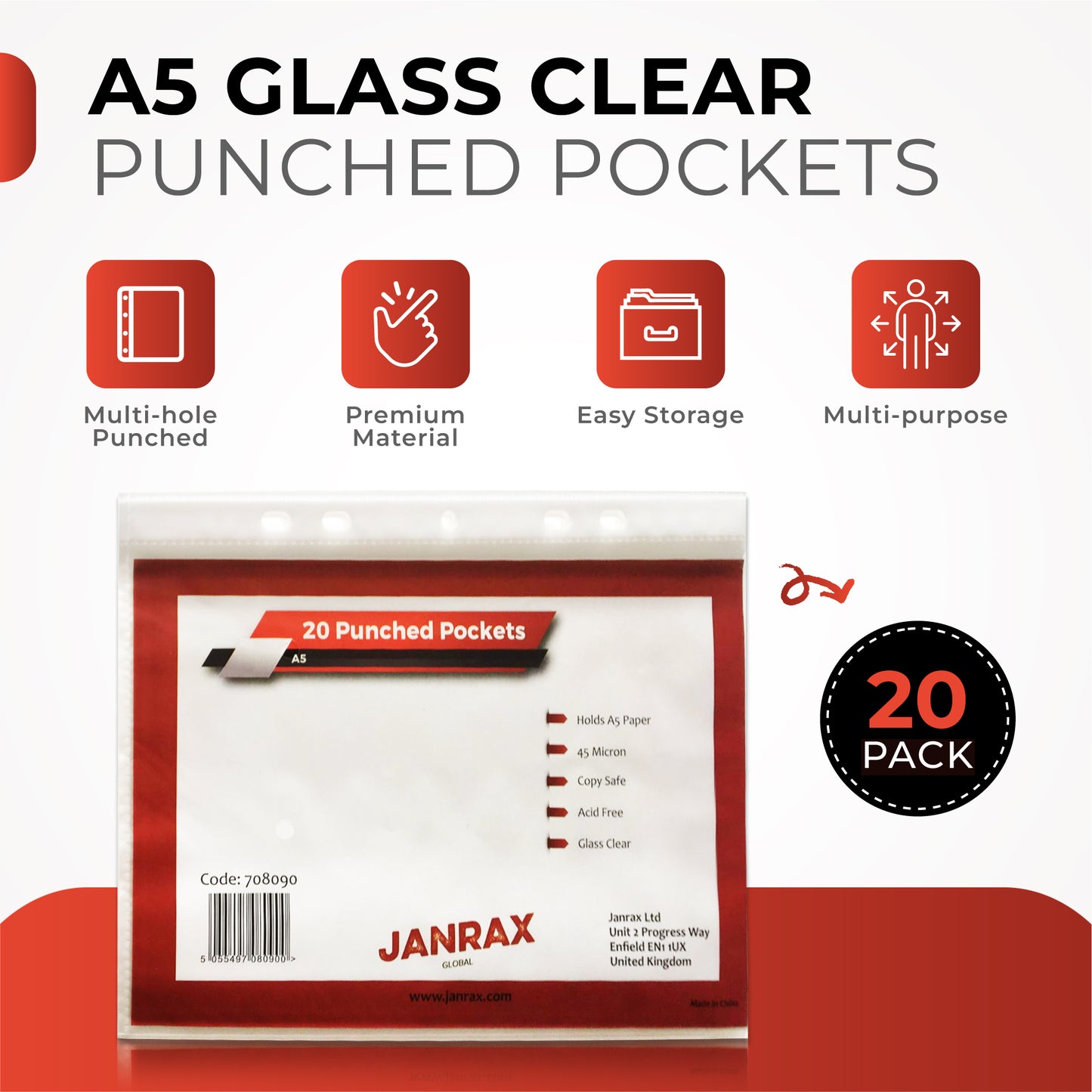 Pack of 500 A5 Glass Clear Punched Pockets by Janrax