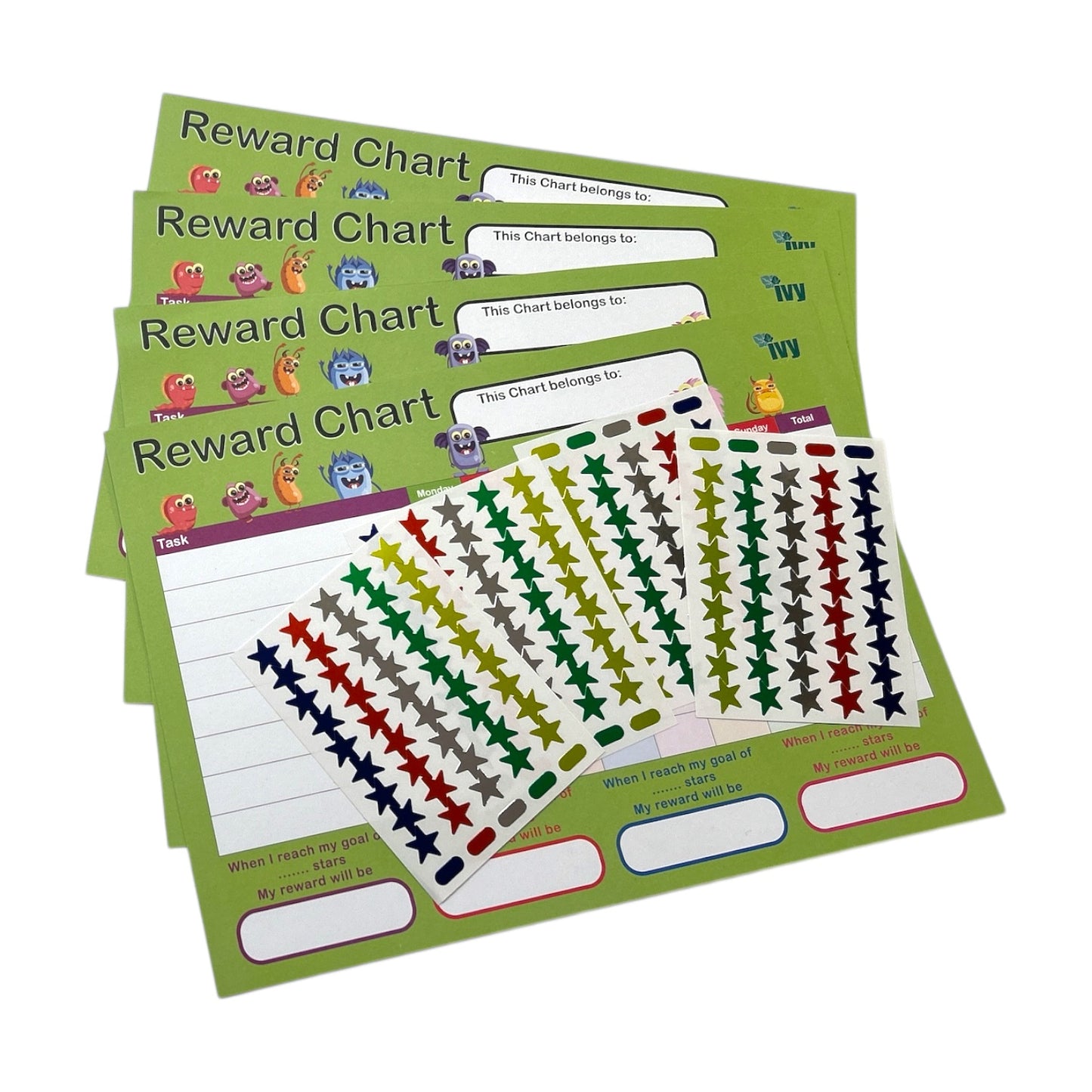 Pack of 4 Children's A4 Motivational Reward Charts With 225 Star Stickers
