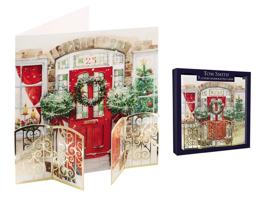Pack of 5 Handcrafted Front Door Design Christmas Cards
