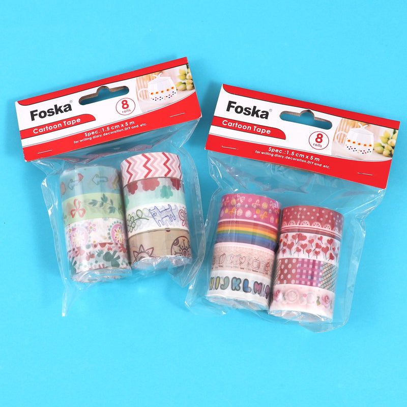 Pack of 8 Fancy Colour Cartoon Washi Tapes 1.5cm x 5m
