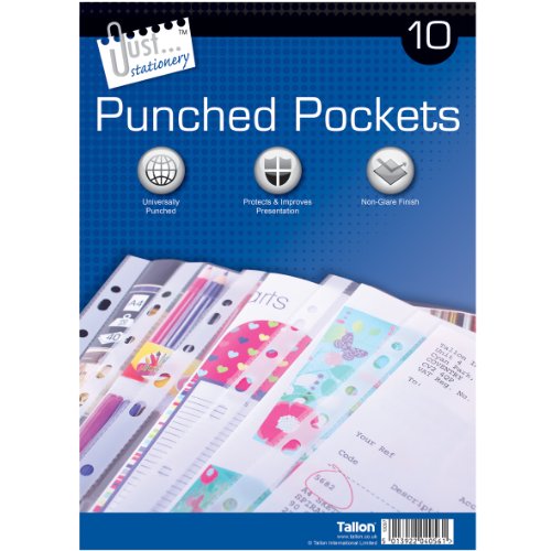 Just Stationery 10 Clear Plastic Punched Pocket