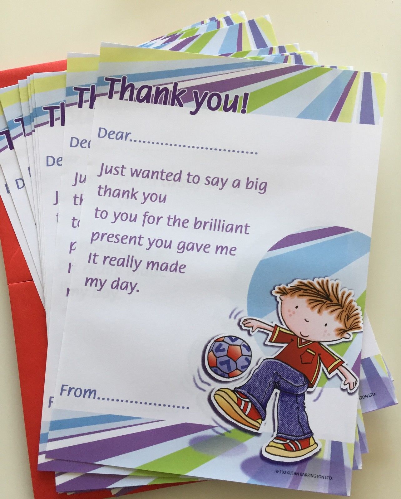 Pack of 20 Children's Cute Thank You Notes & Envelopes - Boy Football Design