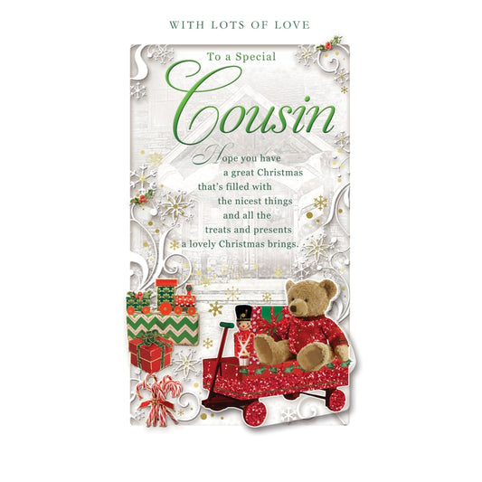 To a Special Cousin Teddy On Sleigh Design Christmas Card
