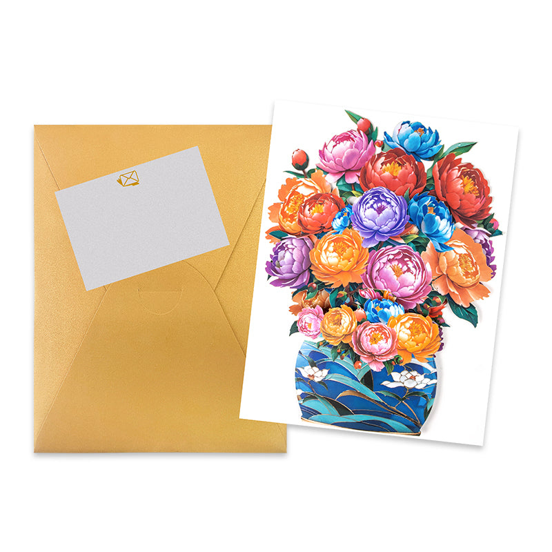 Colorful Grace Peony Bouquet in Blue Vase 3D Pop Up Greeting Card - Birthday Anniversary Mother's Valentine's Day