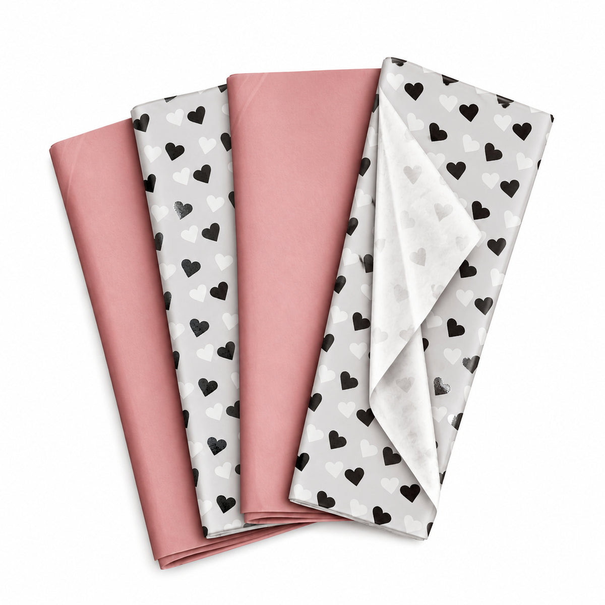 Pack of 8 Classic Hearts Luxury Foil Design & Plain Pink 50 x 70 cm Tissue Sheets - Valentine Romantic Gifting Birthdays Everyday Occasions
