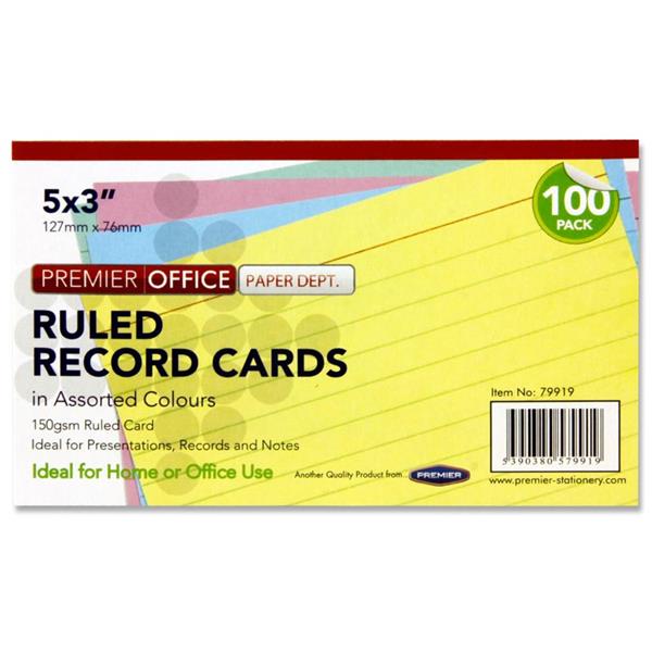 Pack of 100 5"x3" Ruled Assorted Coloured Record Cards by Premier