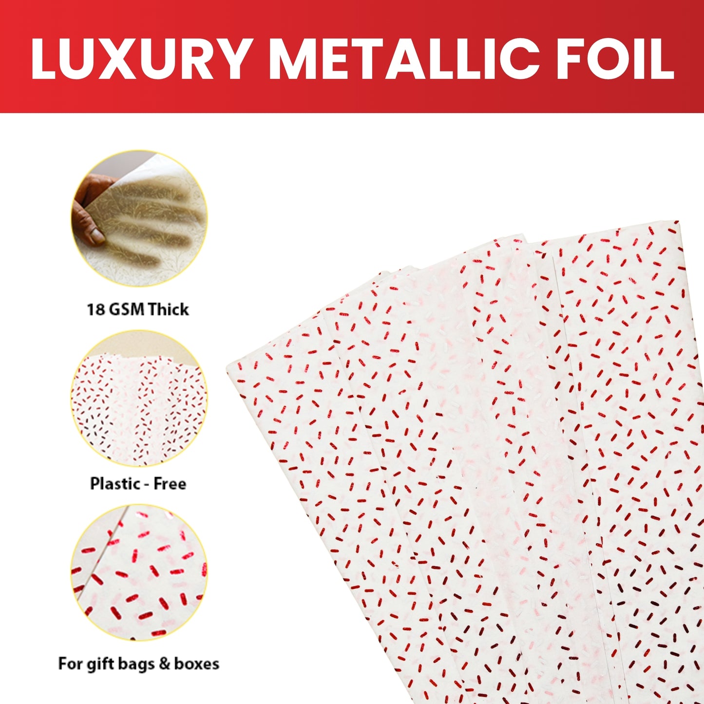 6 x Pack of 10 Confetti Sprinkles Luxury Red Metallic Plastic-Free 18gsm Tissue Paper Sheets 50x70cm - Patterned Tissue Paper for Xmas, New Year, Party, Wedding, Birthday Packing Present Gift Box DIY Art Crafts