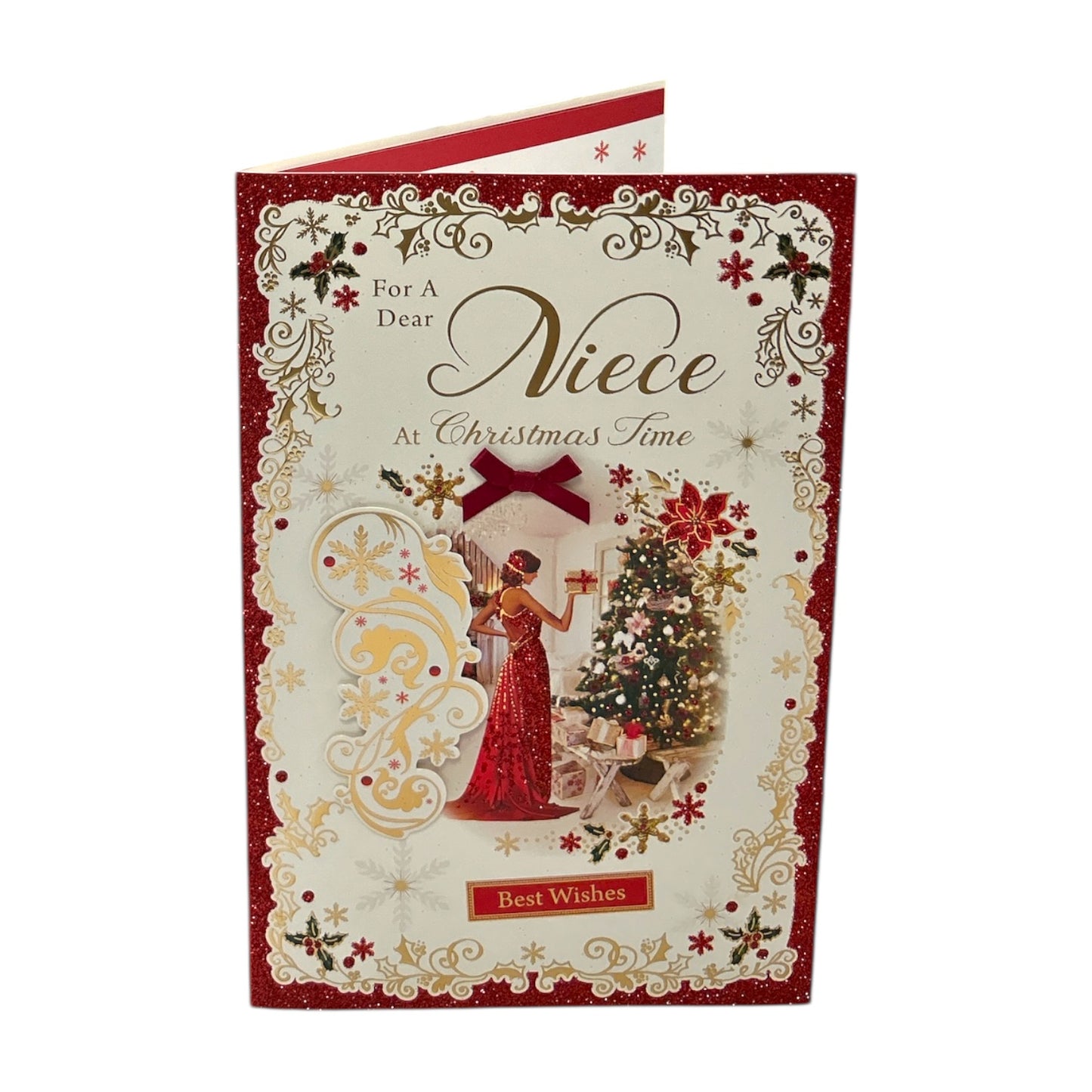 Christmas Wishes for Niece Elegant Red Dress & Festive Decor Card