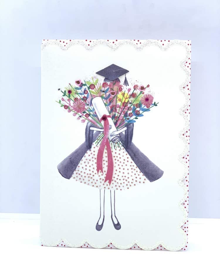 Graduation Card Finished with Glitter and Diamantes Girl with Flowers