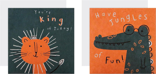 Fun Animal Designs, Black & Orange, Pack of 10 Multi Pack Children's Birthday Cards