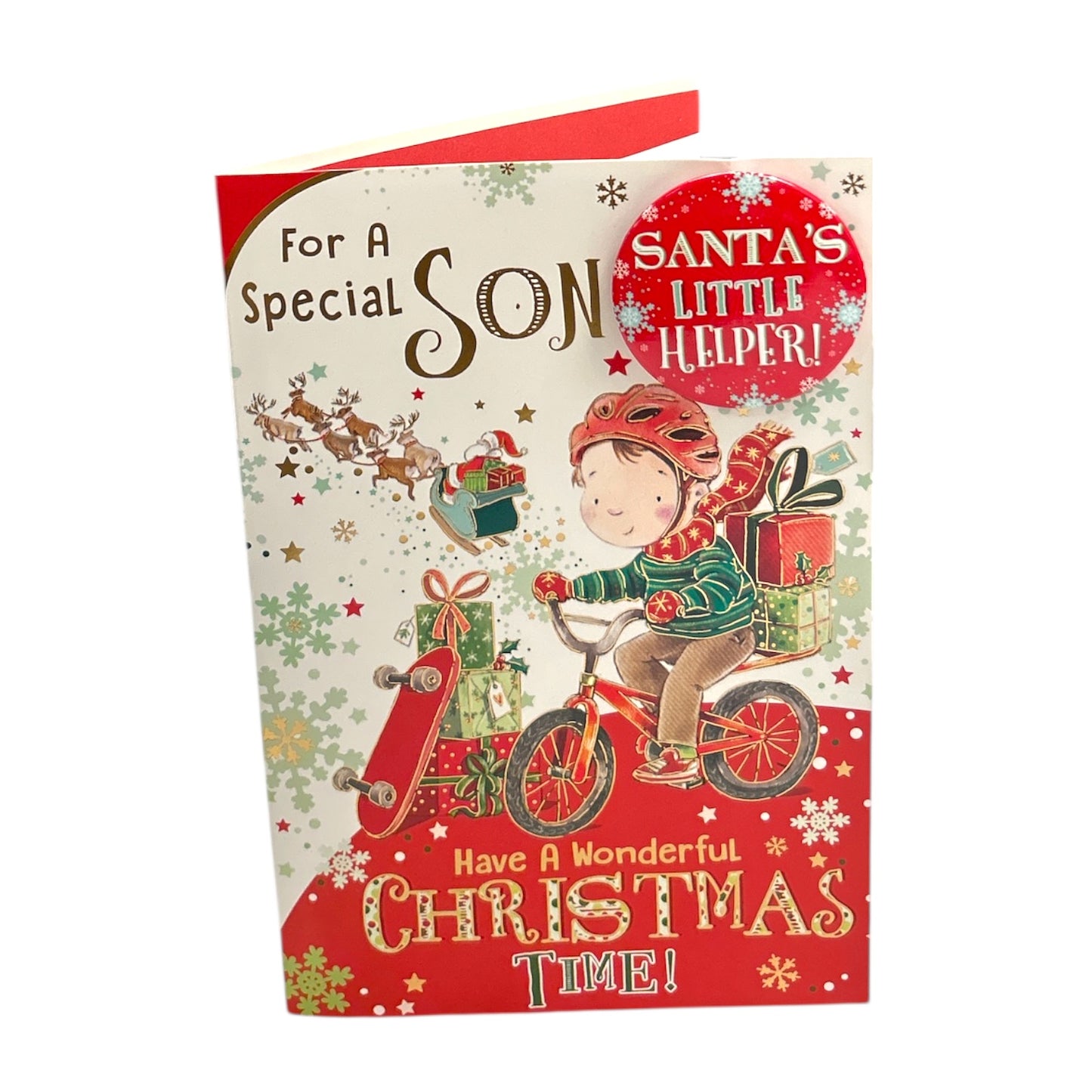 For a Special Son Santa's Little Helper Christmas Card With Badge
