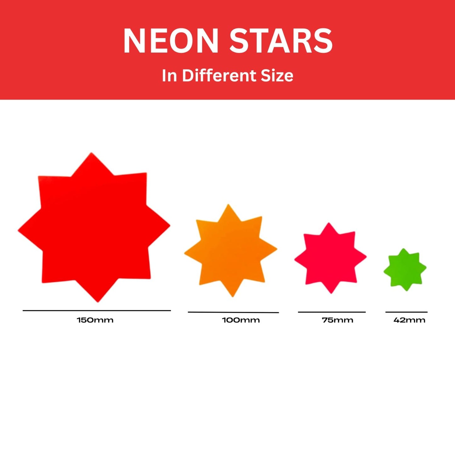 Pack of 400 Assorted Coloured Neon Fluorescent Stars 100 x 100mm