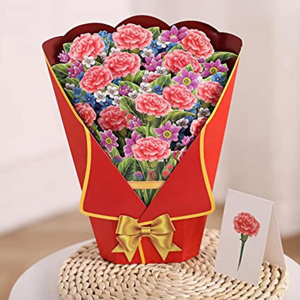 Carnation Bouquet Charm Red Wrap 3D Pop Up Greeting Card - Christmas Mother's Day Valentine's Day Wedding Anniversary