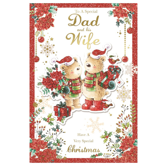 To a Special Dad and His Wife Lovely Teddies With Flowers and Gifts Design Christmas Card
