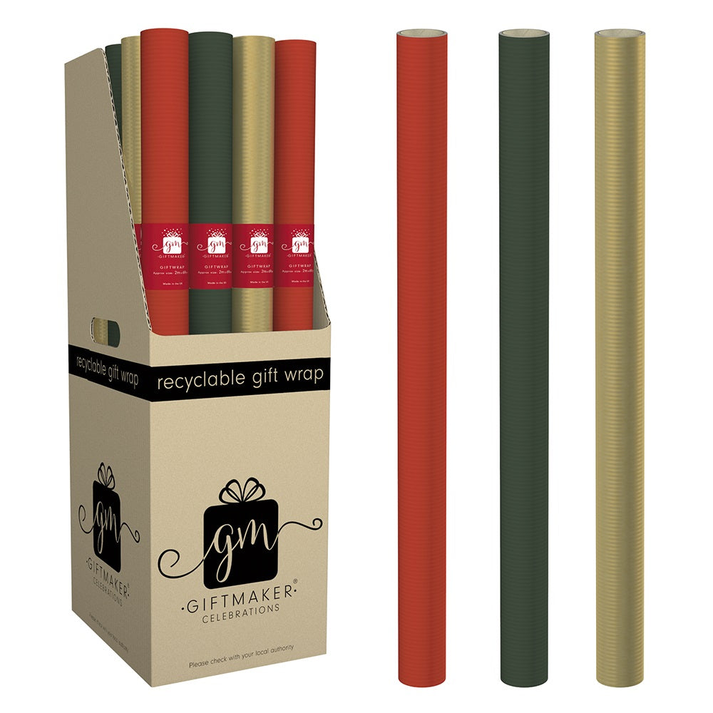 Pack of 3 Ribbed Kraft Christmas Wrapping Paper Rolls 2m x 69cm
