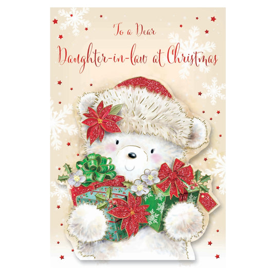 To a Dear Daughter In Law Cute Bear Holding Gifts Design Christmas Card