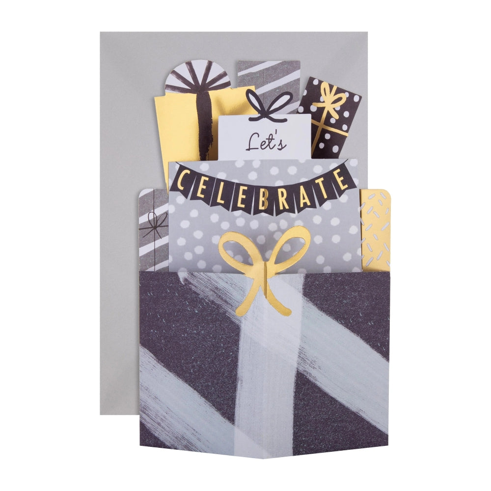 3D Pop Up Grey & Gold Presents Design Any Occasion Celebration Open Card