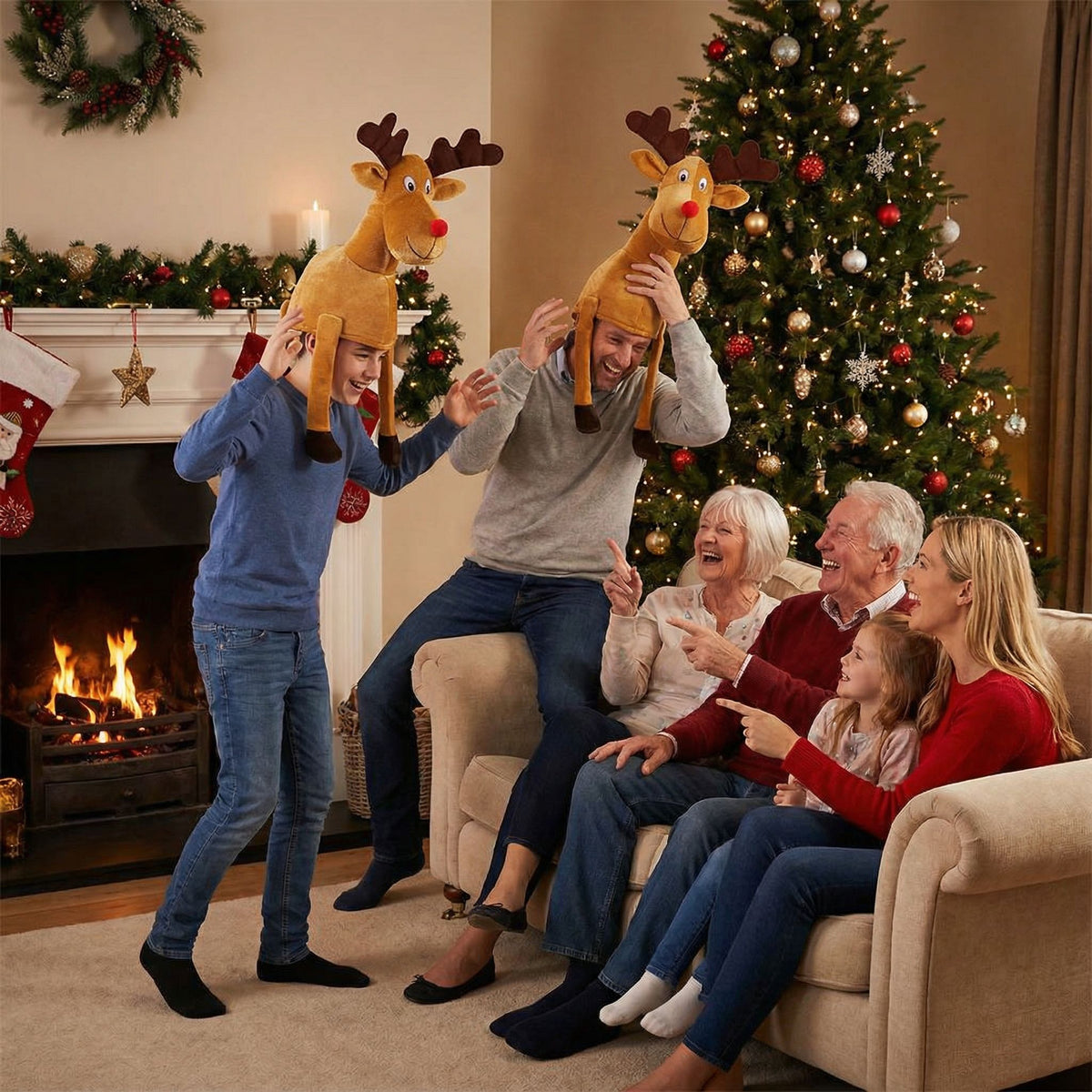 Adult Red-Nosed Reindeer Christmas Hat with Dangling Legs Funny Hat