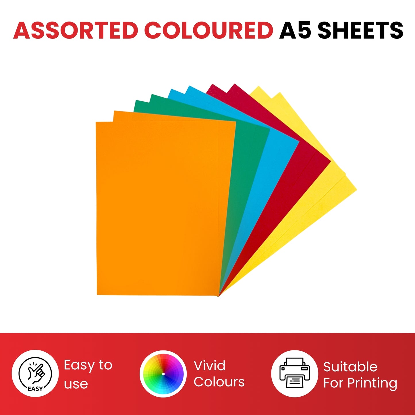Pack of 500 A5 Assorted Primary Coloured Card 160gsm Sheets