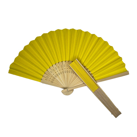 Pack of 10 Yellow Paper Foldable Hand Held Bamboo Wooden Fans by Parev