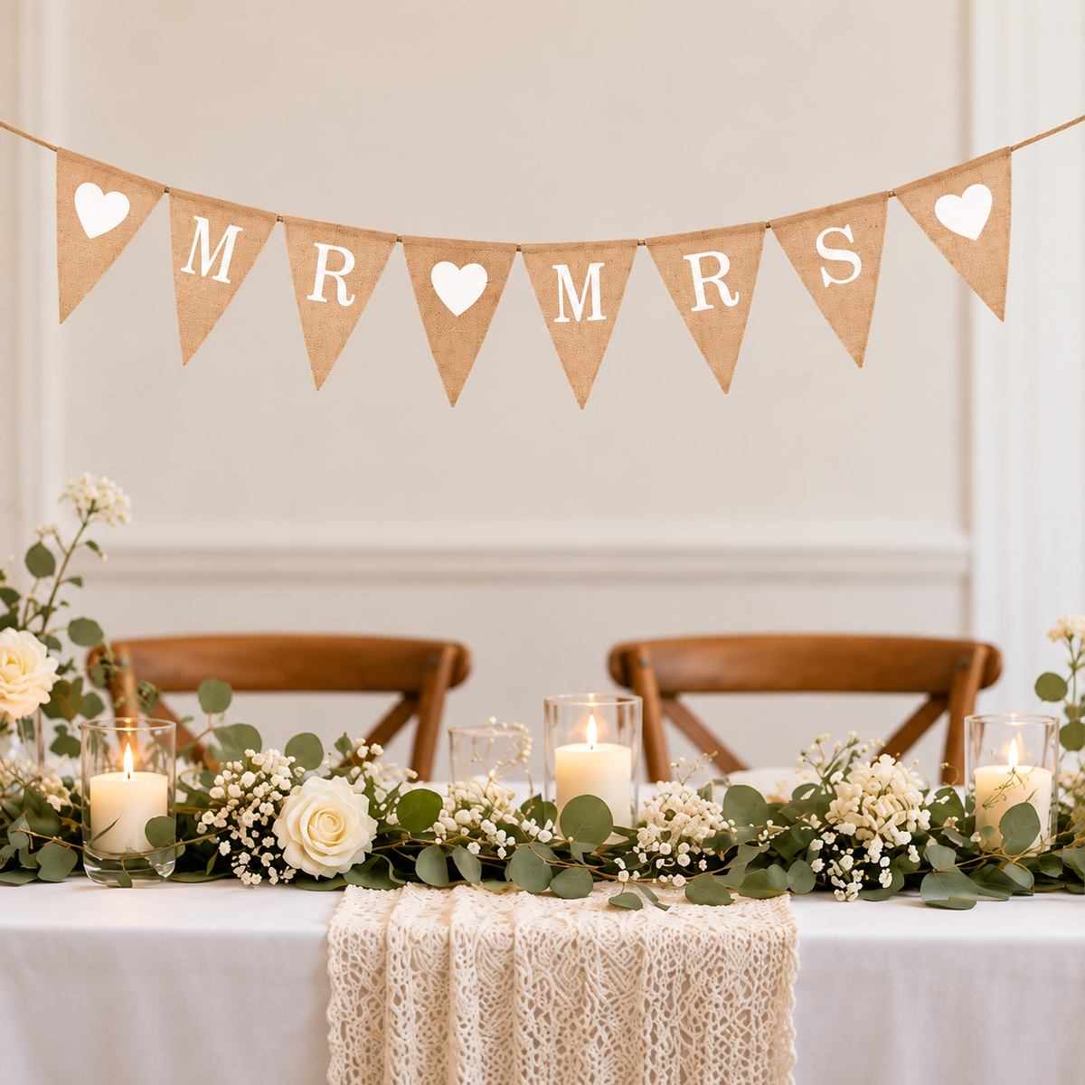 8 Pennants Mr & Mrs And Hearts Hessian Bunting