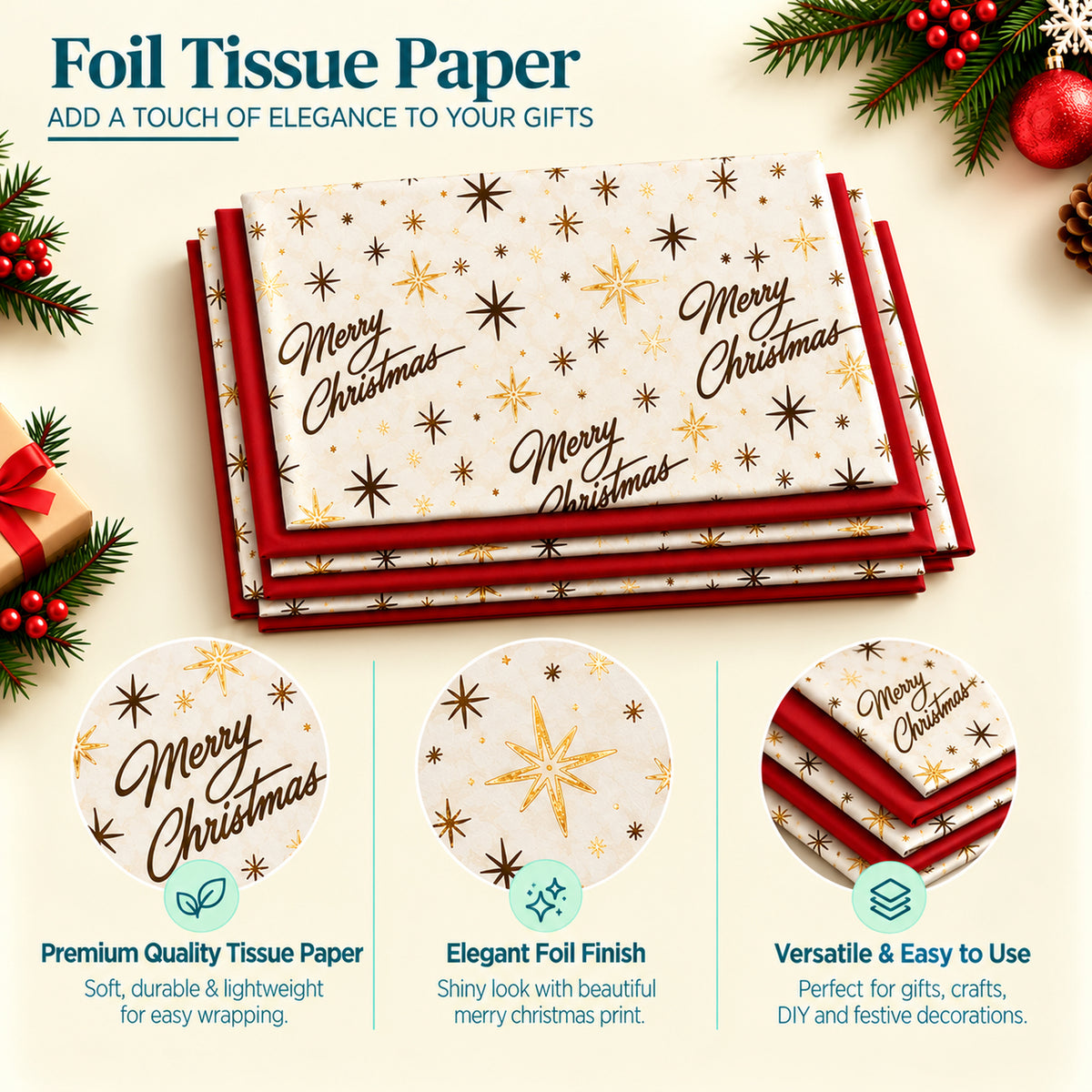 Pack of 8 Merry Christmas Luxury Gold Foil Design & Plain Red 50 x 70 cm Tissue Sheets