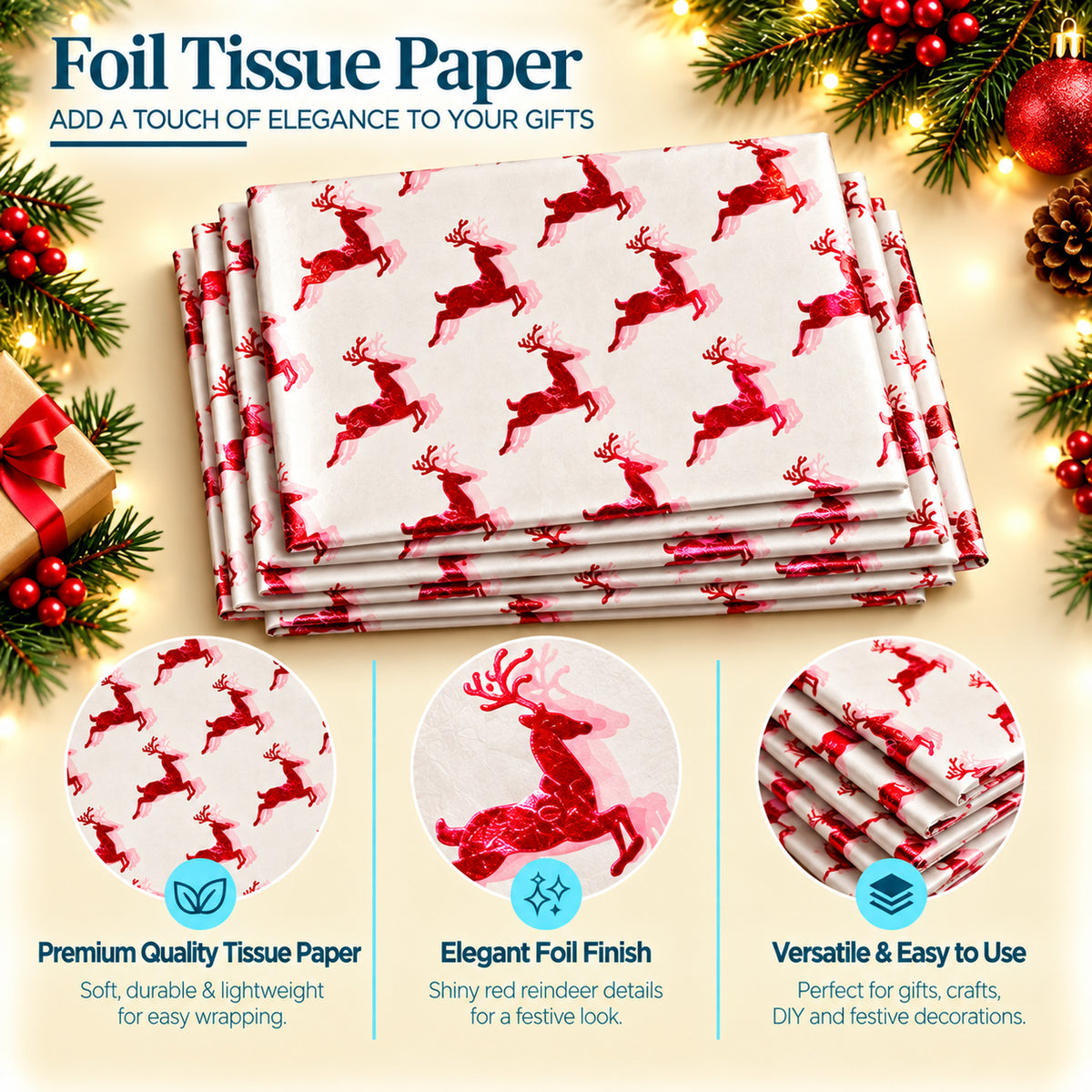 Pack of 5 Christmas Flying Reindeer Design 50 x 70 cm Luxury Red Foil Tissue Sheets