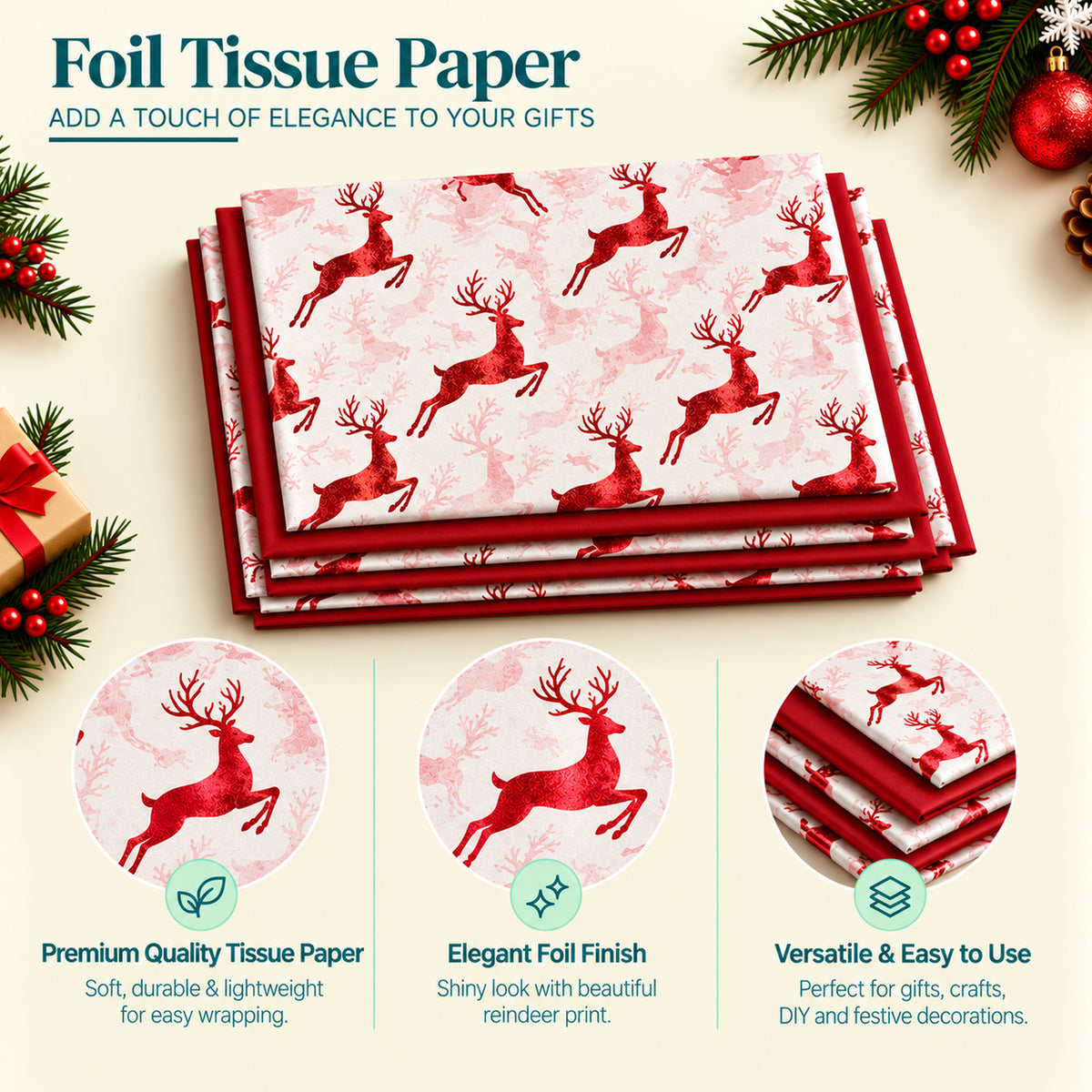 Pack of 8 Flying Reindeer Luxury Red Foil Design & Plain Red 50 x 70 cm Tissue Sheets - Christmas Winter Celebrations