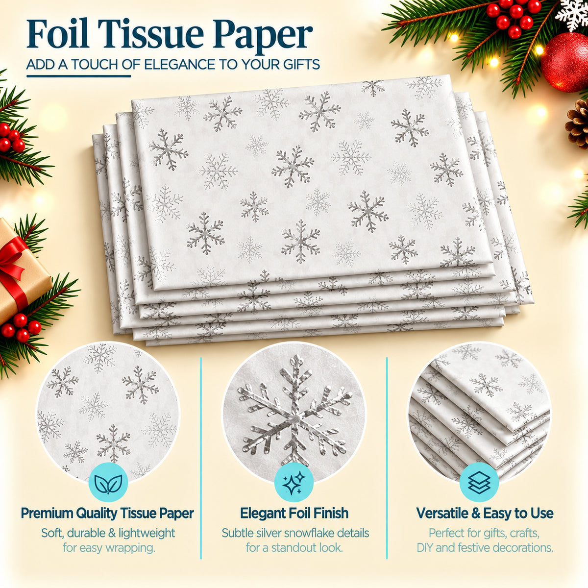 Pack of 5 Christmas Snowflakes Dots Design 50 x 70 cm Luxury Silver Foil Tissue Sheets