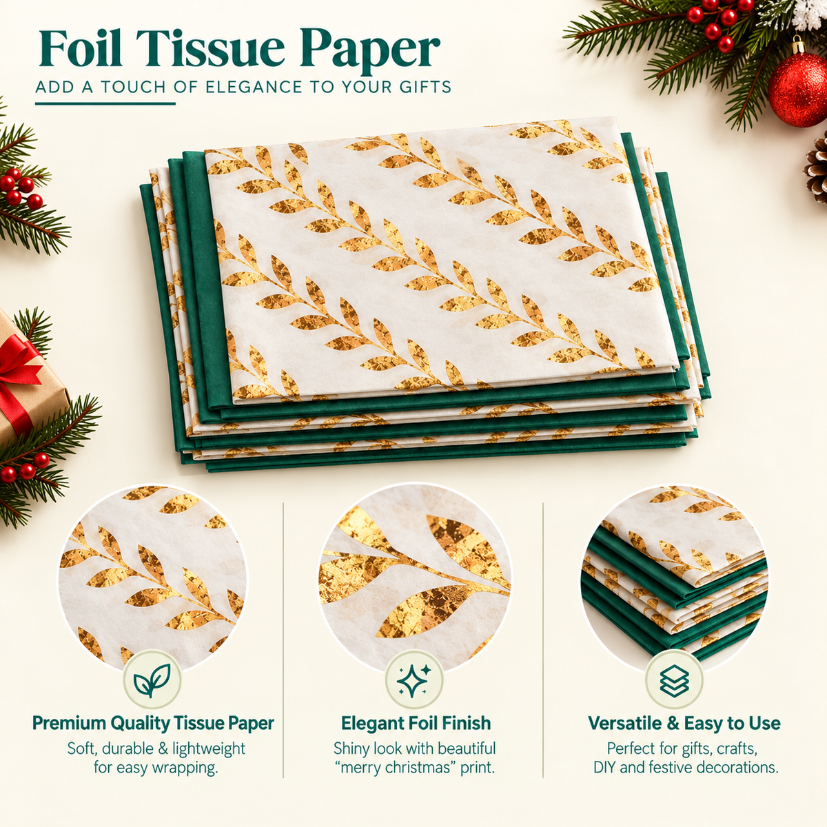 Pack of 8 Garden Bands Luxury Gold Foil Design & Plain Green 50 x 70 cm Tissue Sheets - Christmas Winter Celebrations Wedding Anniversary