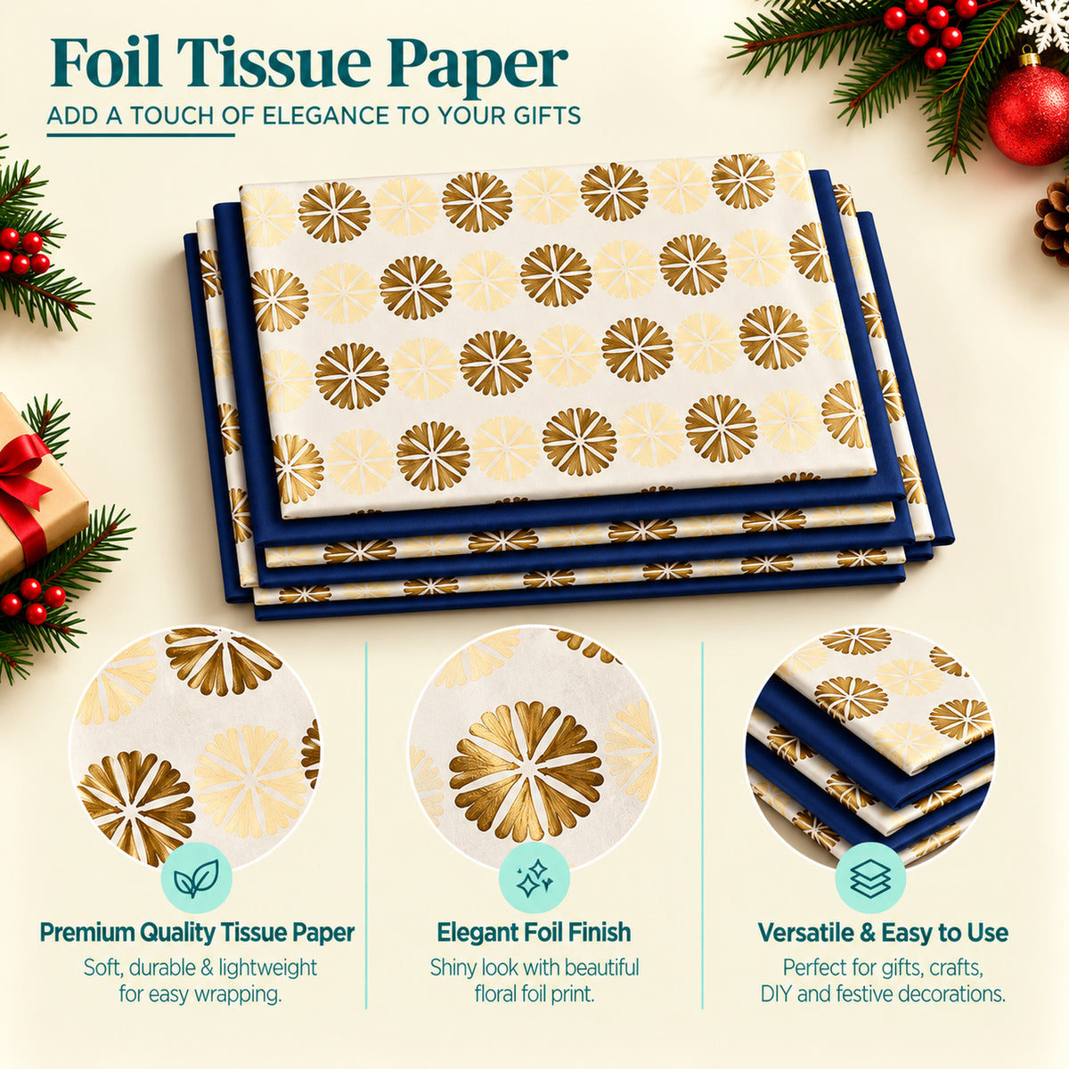 Pack of 8 Foil Floral Dots & Plain Navy Blue 50 x 70 cm Tissue Sheets - Weddings Anniversaries Birthdays Any Occasion