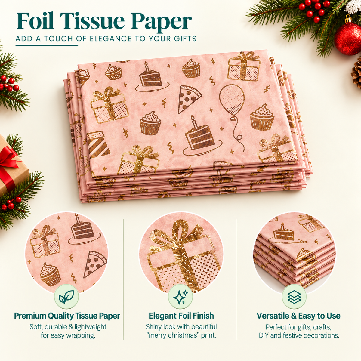 Pack of 5 Birthday Bliss Design 50 x 70 cm Luxury Gold Foil Tissue Sheets - Party, Gift, Cake, Celebration