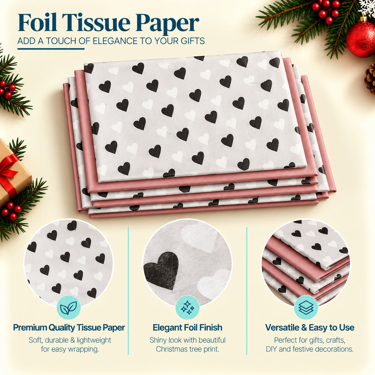 Pack of 8 Classic Hearts Luxury Foil Design & Plain Pink 50 x 70 cm Tissue Sheets - Valentine Romantic Gifting Birthdays Everyday Occasions