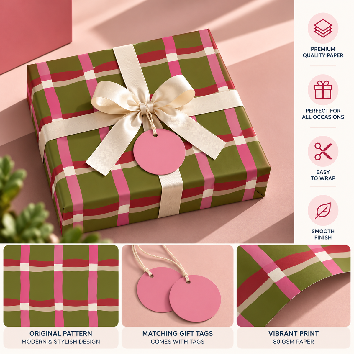 Pack of 2 Meadow Check Design 50 x 70 cm Gift Wrap Sheets with 2 Tags - Christmas Valentine’s Mother's Day Birthdays Everyday Celebrations