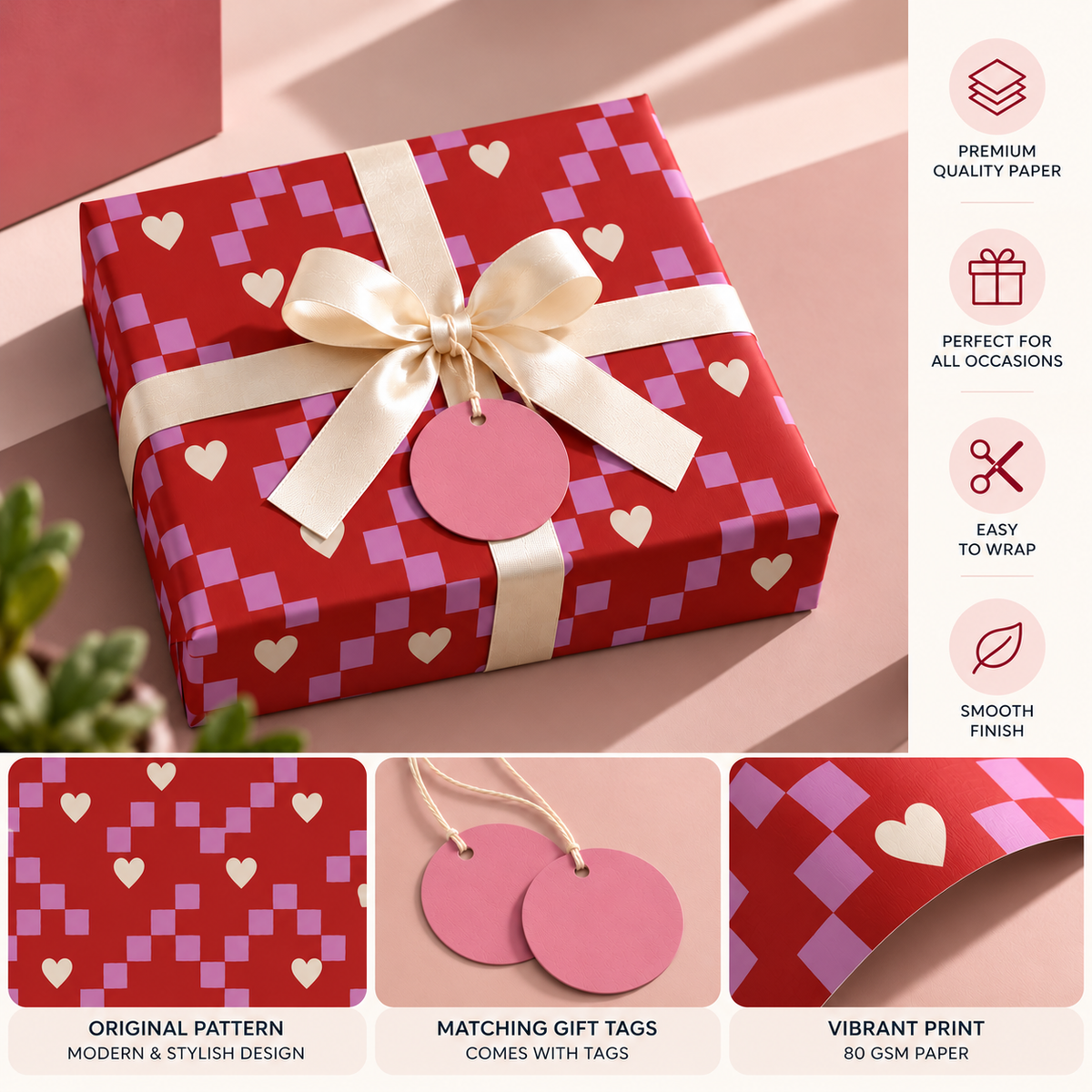 Pack of 2 Cupid Check Design 50 x 70 cm Gift Wrap Sheets with 2 Tags - Valentine’s Mother's Day Birthdays Everyday Celebrations