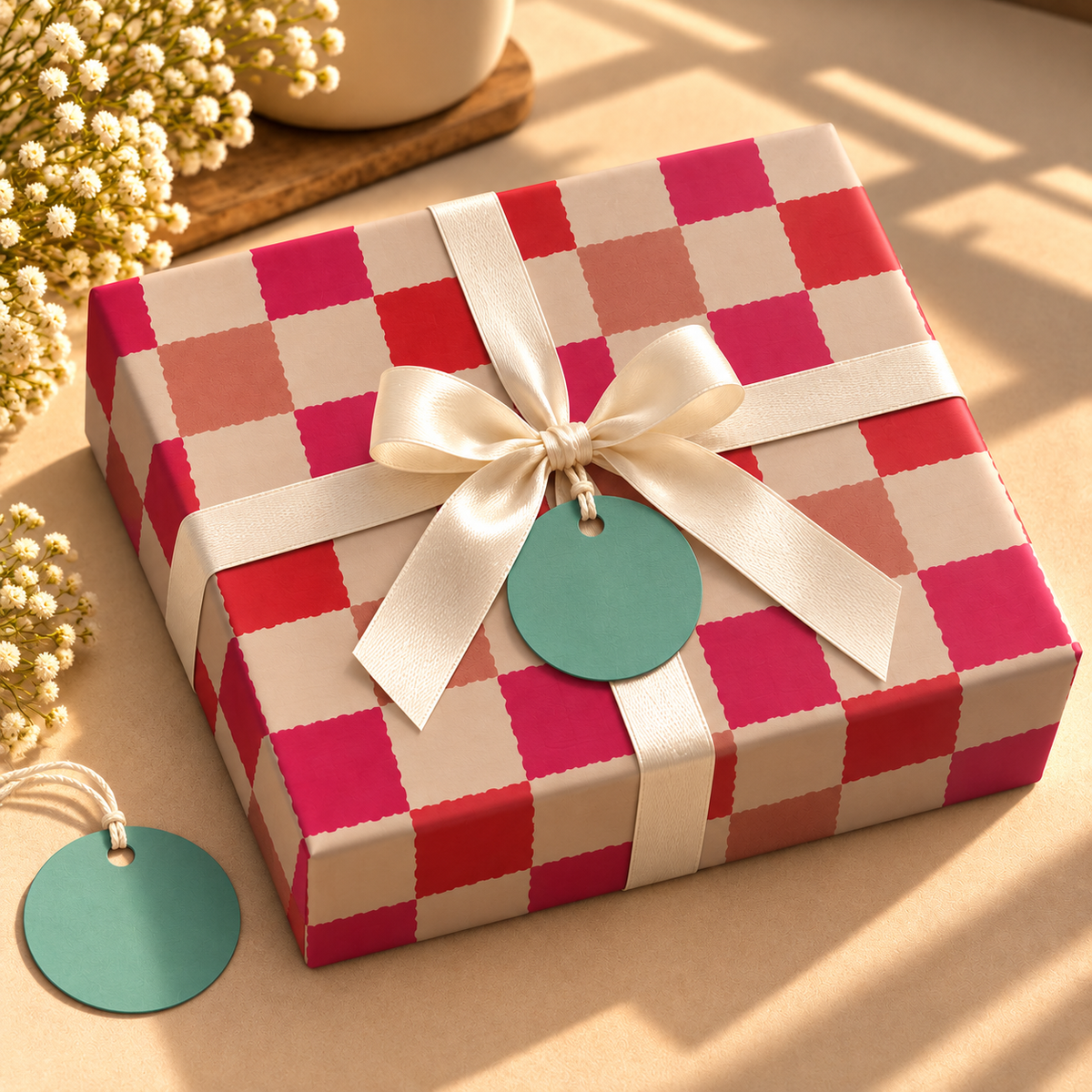 Pack of 2 Picnic Check Design 50 x 70 cm Gift Wrap Sheets with 2 Tags - Christmas Birthdays Kids Party Holiday Gifting