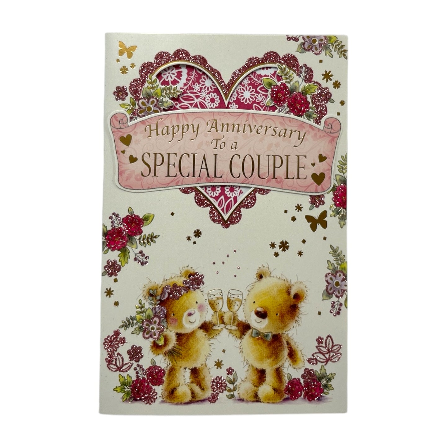 To Special Couple Teddies With Champagne Design Anniversary Card