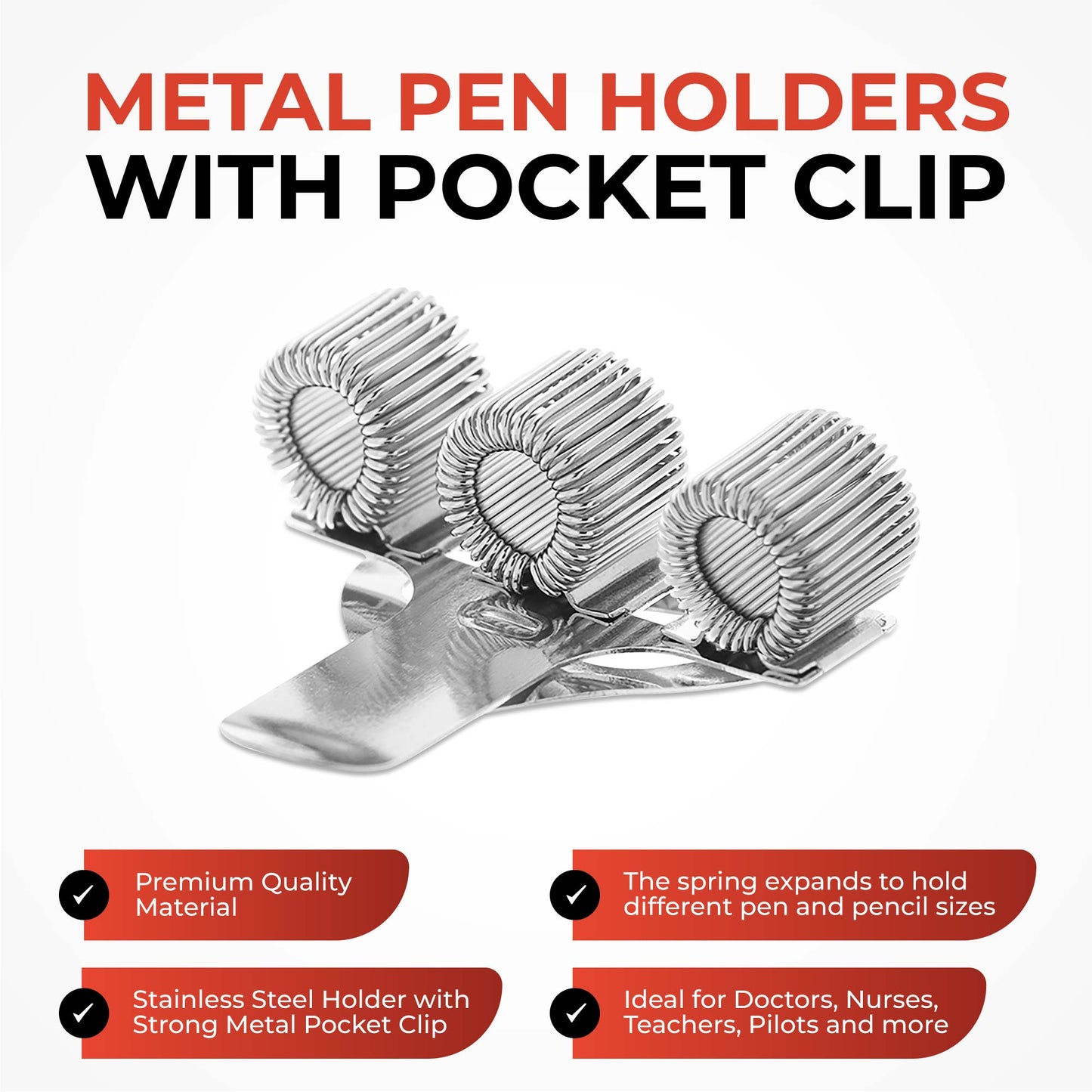 Triple Hole Metal Pen Holder With Pocket Clip - Doctors, Nurse, Uniform etc