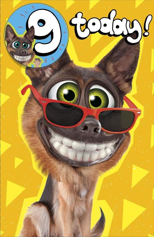 Cartoon Dog Wearing Sunglasses 9th Birthday Card and Badge